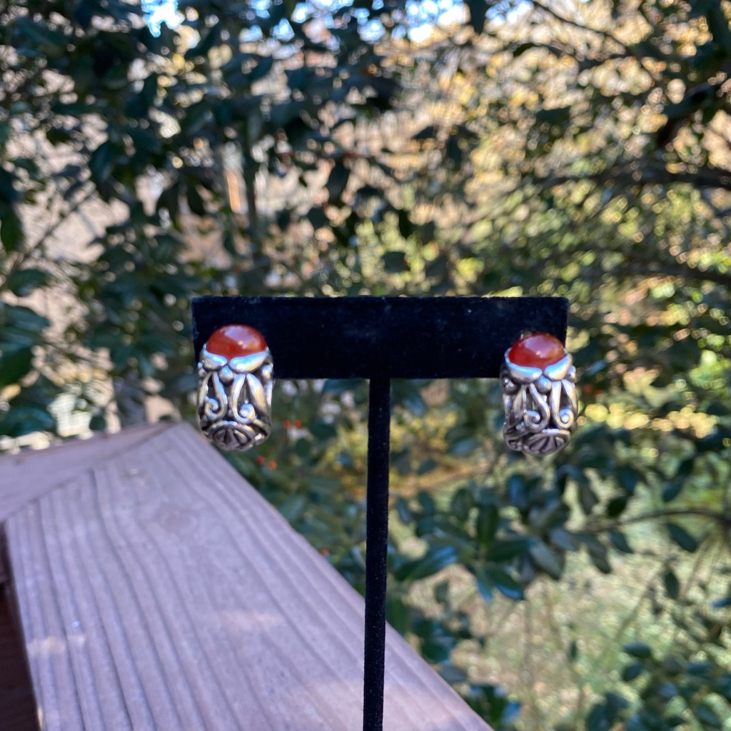 Vtg Ciner Silver Earrings With Carnelian Stone